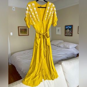 Free People Yellow Embroidered Dress with Pockets